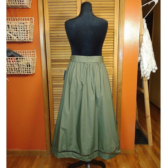 Olive Green Cotton Eyelet Maxi Skirt - Sheen Buttons Bow Tie Elastic Waist - S - Picture 3 of 13